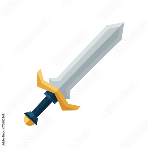 A stylized sword with a golden hilt and a sleek silver blade, set against a plain background