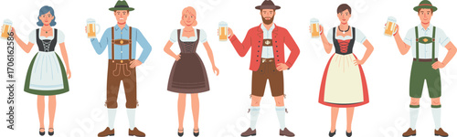 Group of men and women in traditional Oktoberfest attire holding beer mugs, celebrating German festival with lederhosen and dirndls