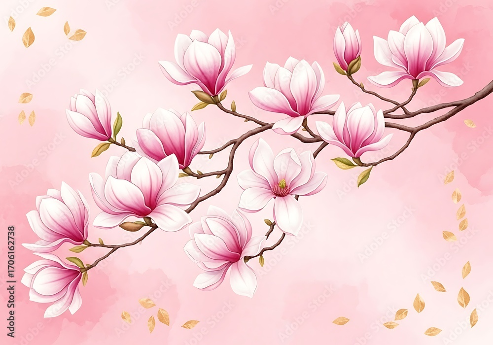 Fototapeta premium Delicate pink magnolia blossoms branch gentle soft bokeh background spring floral beauty illustration