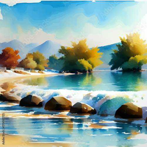 river landscape with waterfall, rocks and trees watercolor vector illustration