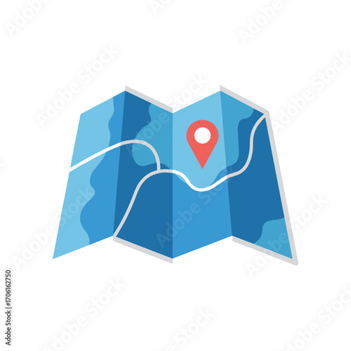 Colorful folded map with a location pin highlighting a point of interest in a scenic area