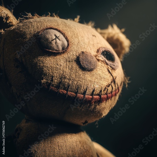 Primer plano inquietante de un muñeco de trapo con una sonrisa cosida.