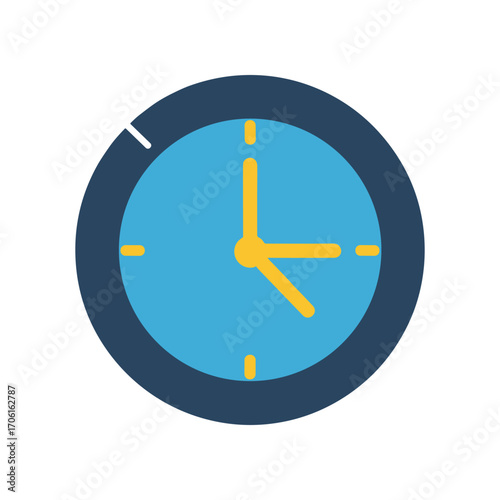 A vibrant blue wall clock with yellow hands displaying the time in a modern office setting
