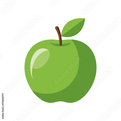 A vibrant green apple with a glossy surface and a small leaf, symbolizing freshness and health