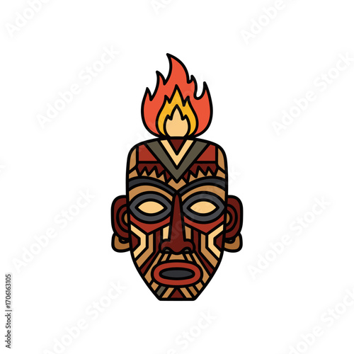 Colorful tribal mask with flames on top, showcasing intricate patterns and cultural significance