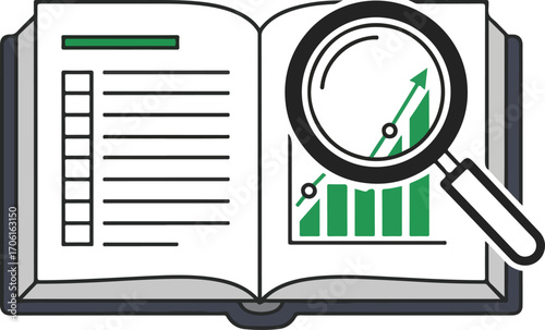 Analyzing financial growth trends and data insights within a business book using a magnifying glass for detailed examination