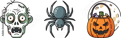 Halloween cartoon icons with zombie spider and pumpkin bucket on white background