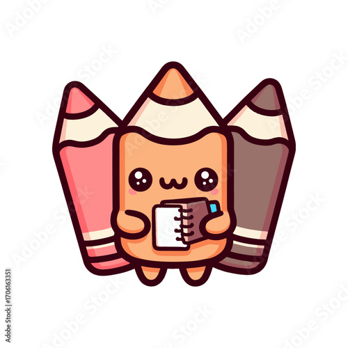 Cute cartoon character holding a notebook, surrounded by colorful crayons in a playful setting