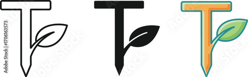 Set of Tshaped stake and leaves. Minimalist line, solid color, and cartoon illustrations
