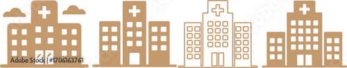 Illustration of modern hospital buildings and medical clinics in urban cityscape, healthcare architecture design with cross symbols for medicine, emergency, and wellness services