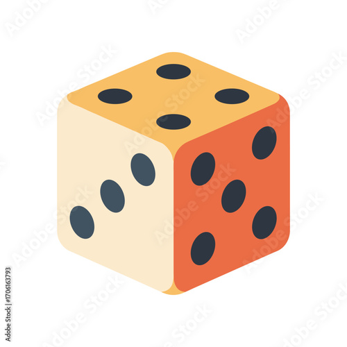 A vibrant, stylized illustration of a six-sided die showcasing different colors and dots, symbolizing chance and gaming