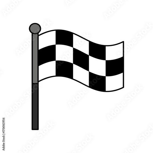 A waving checkered flag indicating the end of a race, set against a clear blue sky background