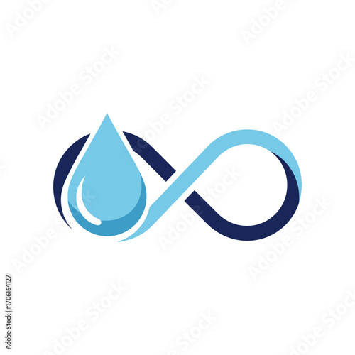 Abstract design featuring a blue water droplet and infinity symbol on a white background