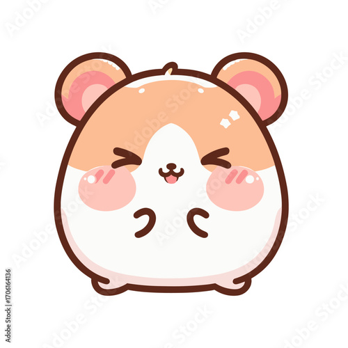 Cute cartoon hamster with rosy cheeks and a joyful expression, set against a simple white background