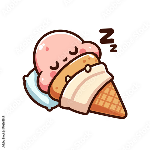Cute cartoon ice cream character sleeping on a pillow, showcasing whimsical charm and relaxation