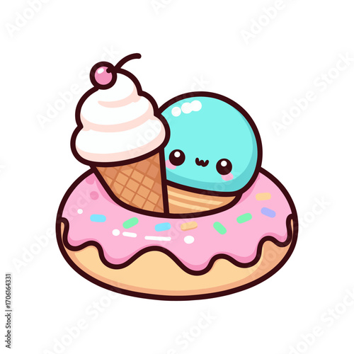 Cute cartoon ice cream cone nestled in a pink-frosted donut with sprinkles, cheerful background
