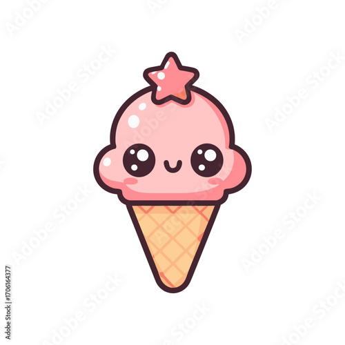 Cute cartoon ice cream cone with a pink scoop and star-shaped topping on a white background
