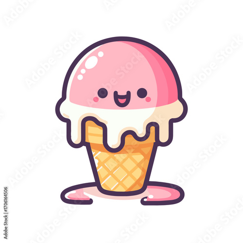 Cute cartoon ice cream cone with pink scoop melting slightly, cheerful expression, vibrant colors