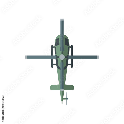Aerial view of a military helicopter in flight over a clear blue sky with no visible obstacles