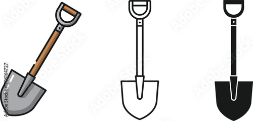 Shovel Icons Set with Outline, Glyph and Color Style with Transparent Background