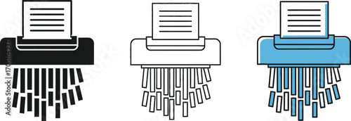 Shredder Icon Set with Paper Sheets in Black, Outline and Blue Color on White Background