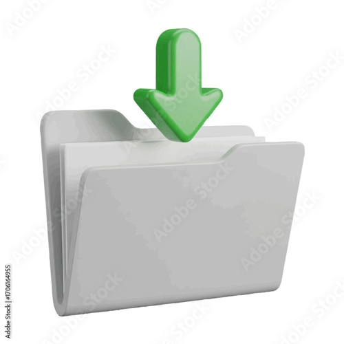 3D render of a classic file folder icon with a vibrant green downward arrow, symbolizing the process of downloading digital data, saving information, or acquiring files into a structured directory