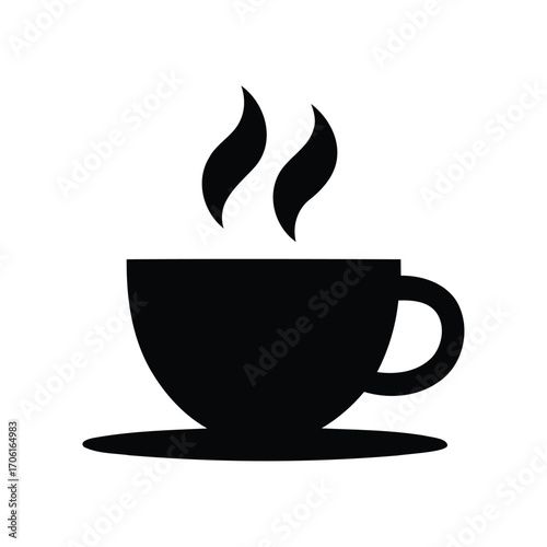 A simple black silhouette of a steaming coffee cup on a saucer isolated on a white background image view