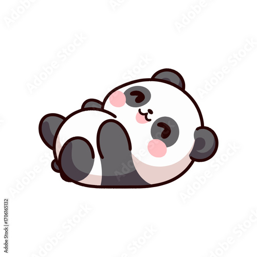 Cute cartoon panda lying on its back with a joyful expression in a minimalistic style
