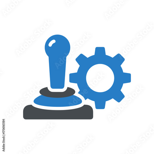 Blue joystick with gear symbolizing control and mechanics in a digital environment