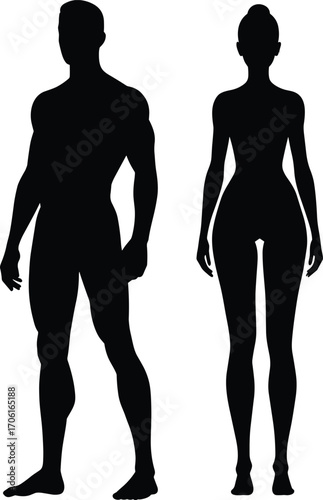 PrintSilhouettes of Fit Man and Woman Standing Posed in Black Isolated on White Background, Human Body Shape Vector Illustration