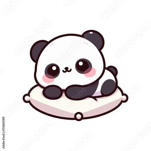 Cute cartoon panda resting on a soft pillow, surrounded by a serene, cozy setting