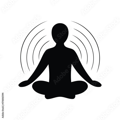 Silhouette of person in lotus position surrounded by radiating lines representing energy or aura field