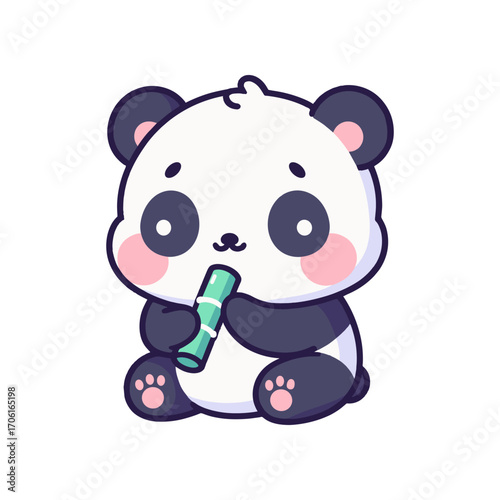 Cute cartoon panda sitting and enjoying bamboo, with a simple white background ideal for children's media