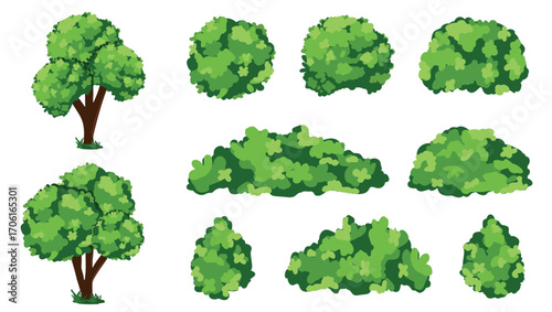 Cartoon shrub bush set. Garden green decoration bushes, illustrated hedge shrubs plants isolated on white