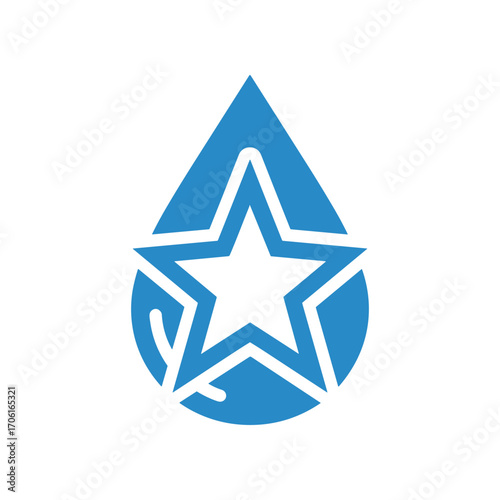 Blue water droplet with a star design, symbolizing purity and excellence in a clean backdrop