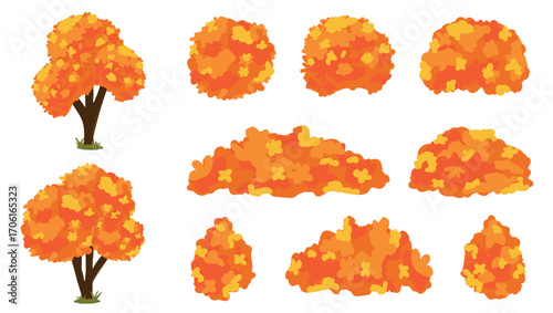 A set of cartoon autumn bushes in orange. Decorative shrubs for the garden, illustrated hedges of shrubs on a white background