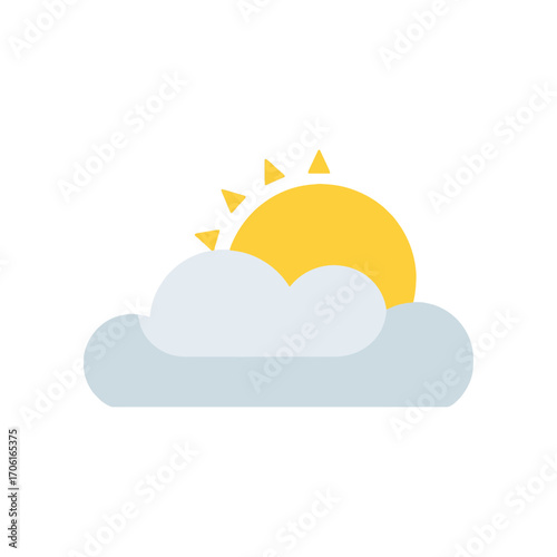 Bright sun emerging from behind fluffy clouds in a clear blue sky, symbolizing warmth and positivity