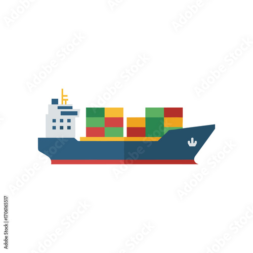 Cargo ship loaded with colorful containers navigating through calm waters in a port setting