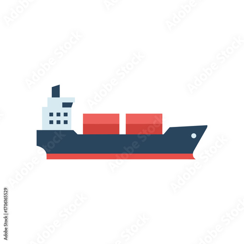 Cargo ship navigating through calm waters, with containers stacked on deck, under clear skies