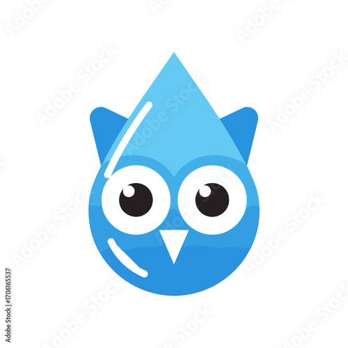 Cartoon owl character with a water droplet design, set against a simple white background