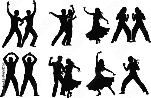 PrintSilhouettes of People Dancing and Fighting in Action Poses for Performing Arts, Entertainment, Sports, Fitness, Culture, Expression, and Movement Themes