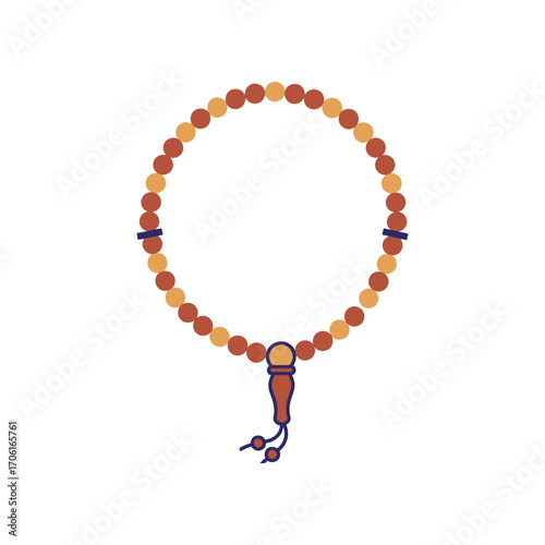 Circular prayer beads with a wooden tassel, set against a minimalist white background