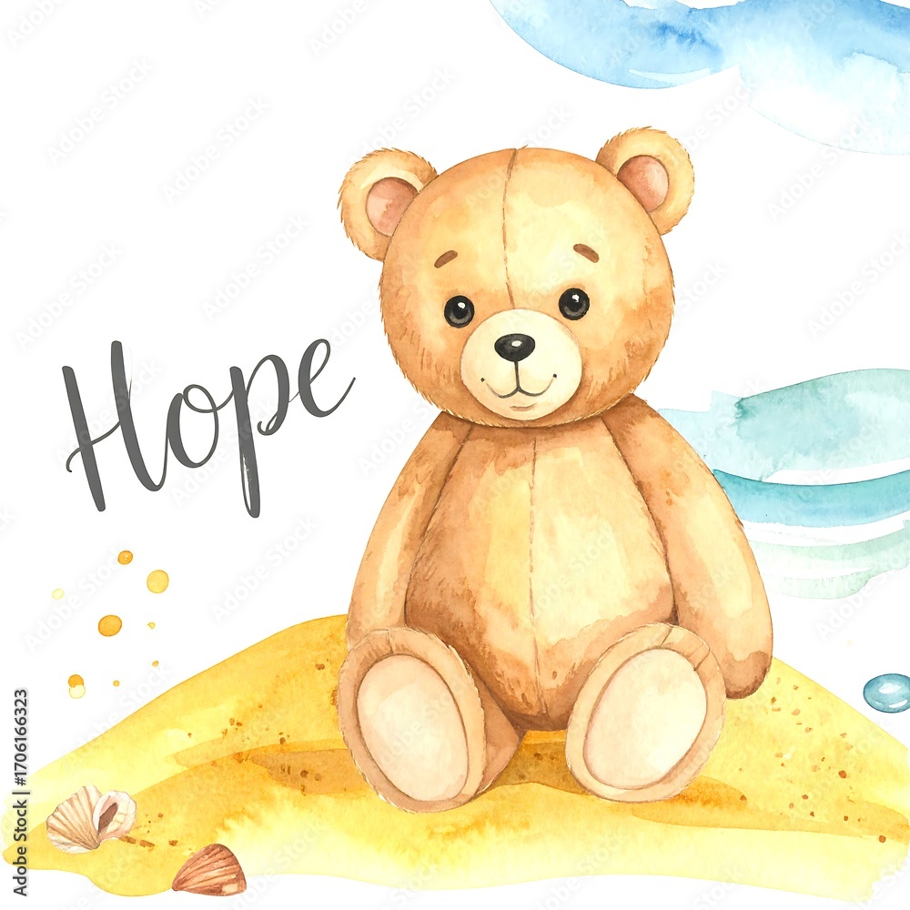 Obraz premium Cute teddy bear on a sandy beach with the word 