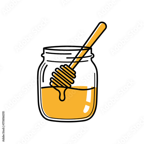 Glass jar filled with golden honey and a wooden dipper, set against a clean white background