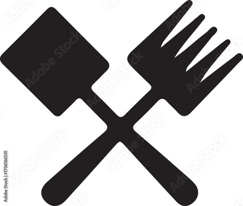 Crossed Shovel and Rake Icon – Gardening and Agriculture Tools Symbol