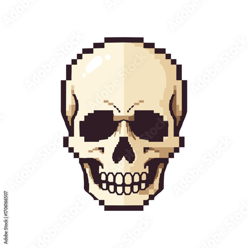 Pixel art representation of a skull, showcasing a smooth design with a shiny finish, ideal for Halloween themes