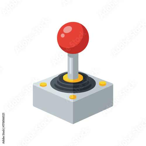 Retro arcade joystick with a red ball top, set against a minimalistic white background