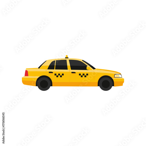 Side view of a yellow taxi cab parked on a street, with urban scenery in the background