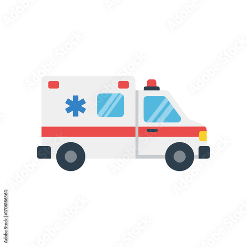 Side view of an ambulance with emergency lights, parked on a clean street, responding to a call