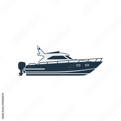 Sleek motorboat cruising on calm waters with a clear sky, ideal for leisure activities